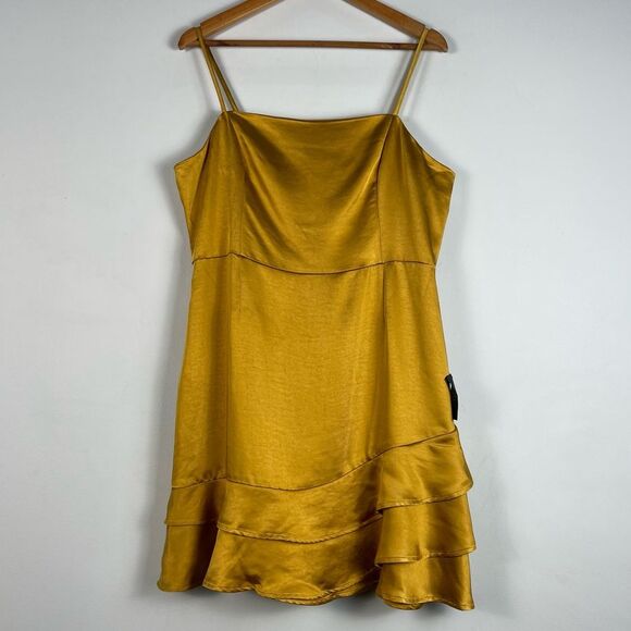Lulu's Dream Come True Mustard Yellow Satin Ruffled Mini Dress Size XL NEW - Picture 2 of 12